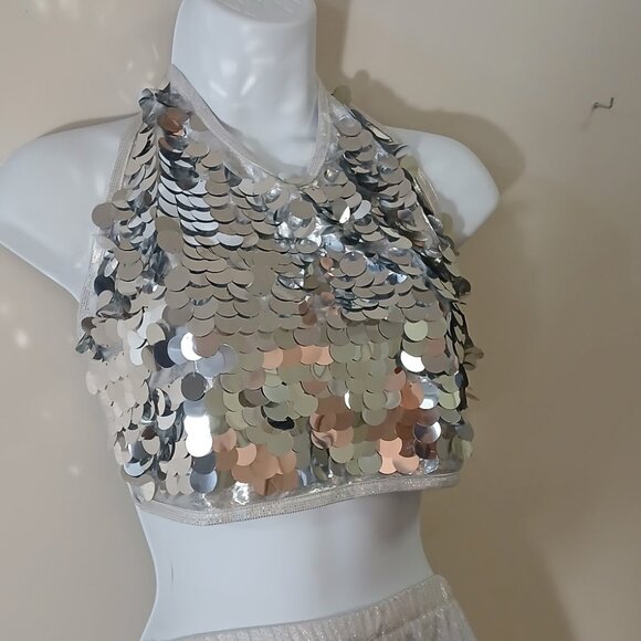 2-piece Disco costume - white with silver discs - size med girl/small women - Picture 2 of 6